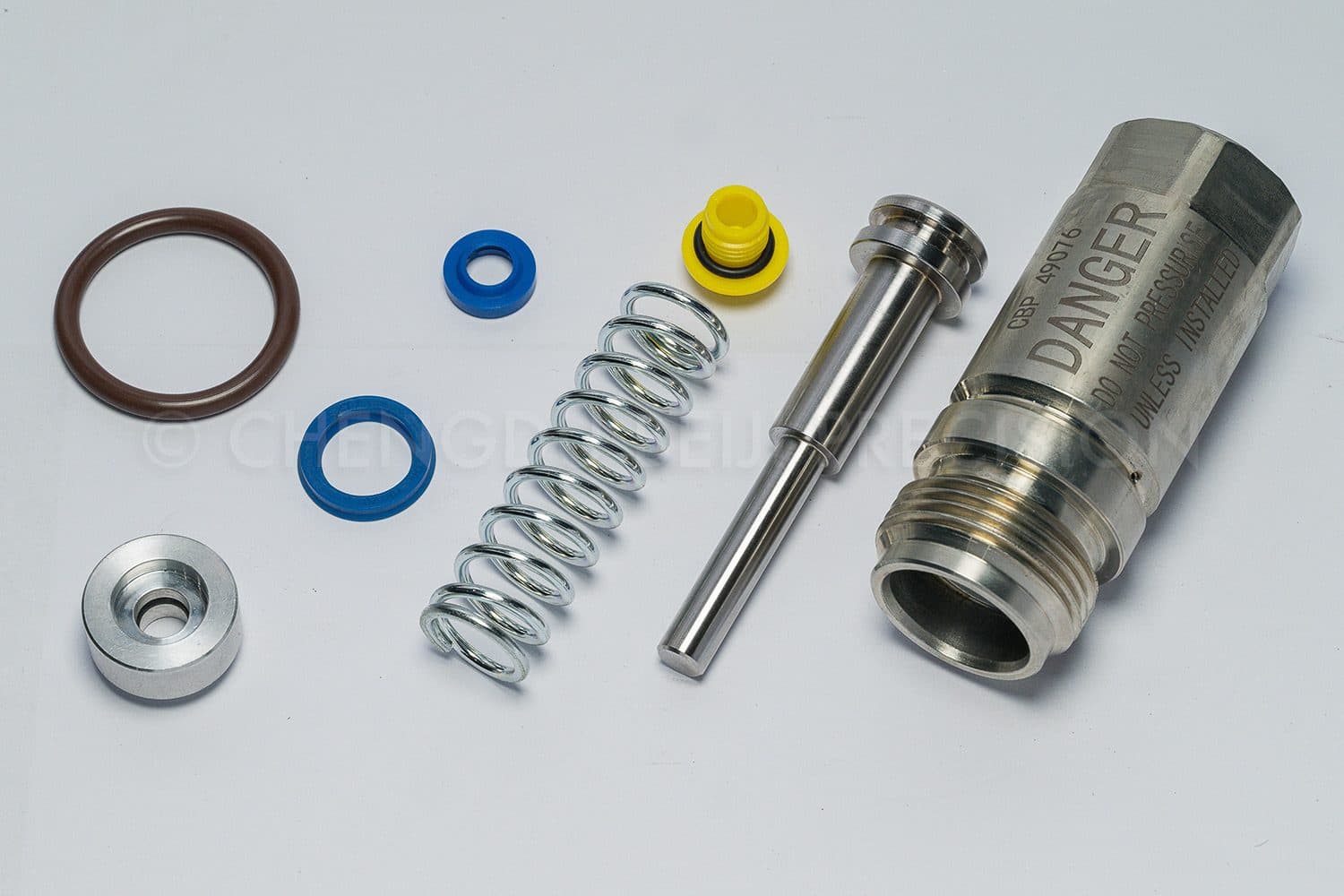 Valve assembly kit: body, pin, spring, seals, and cap